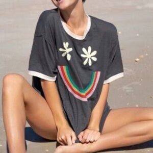 Natural Life Large Ringer Oversized Charcoal Rainbow Smiley T-Shirt Boho